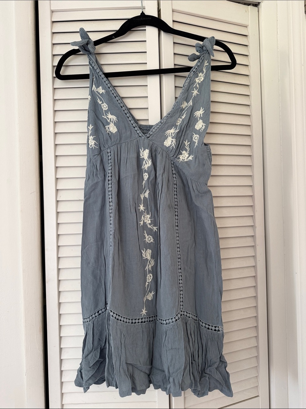 Light Blue Embroidered Tie-Shoulder Sundress